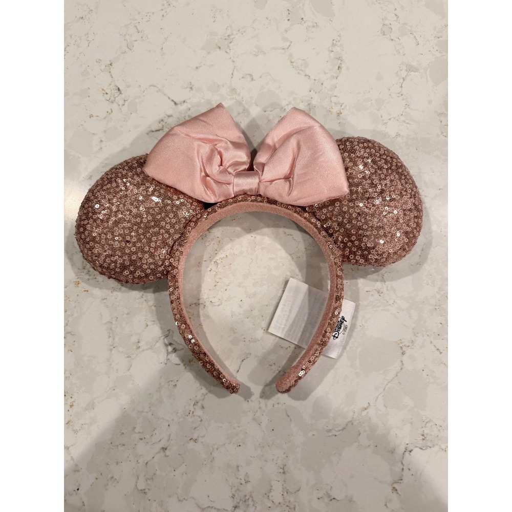 Disney Parks Minnie Mouse Rose Gold Sequin Ears Headband Pink Satin Bow